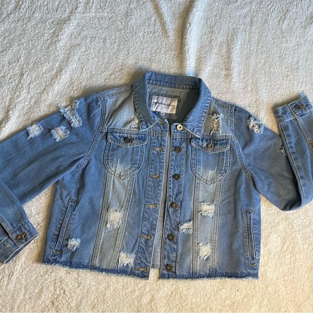 Blue Denim Cropped Jean Jacket The Style Between Us Sz L Full Button Distressed